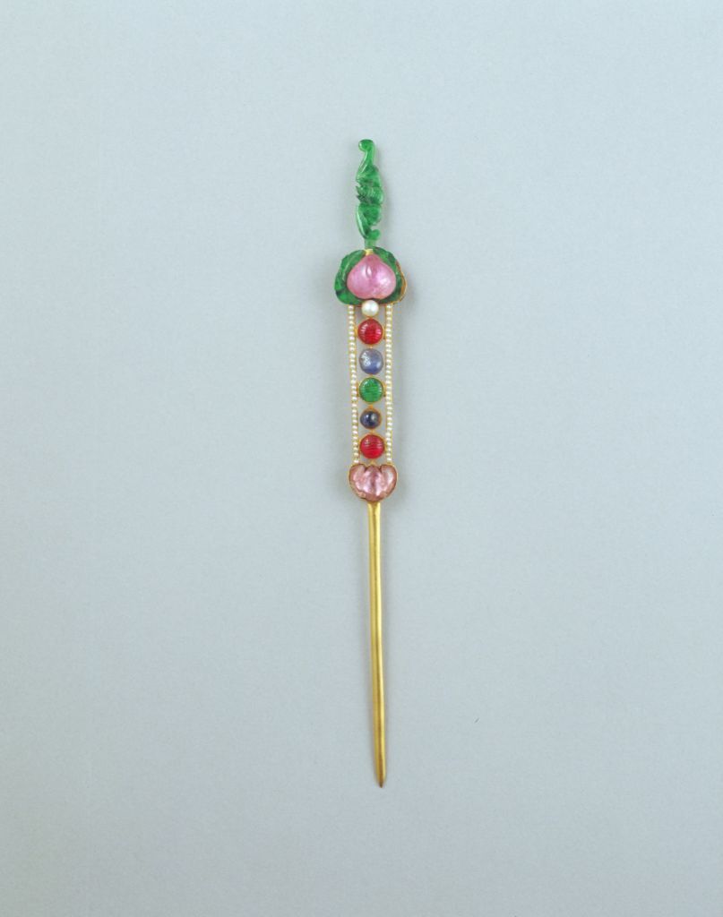 图片[1]-Gold inlaid gem peach bat hairpin-China Archive